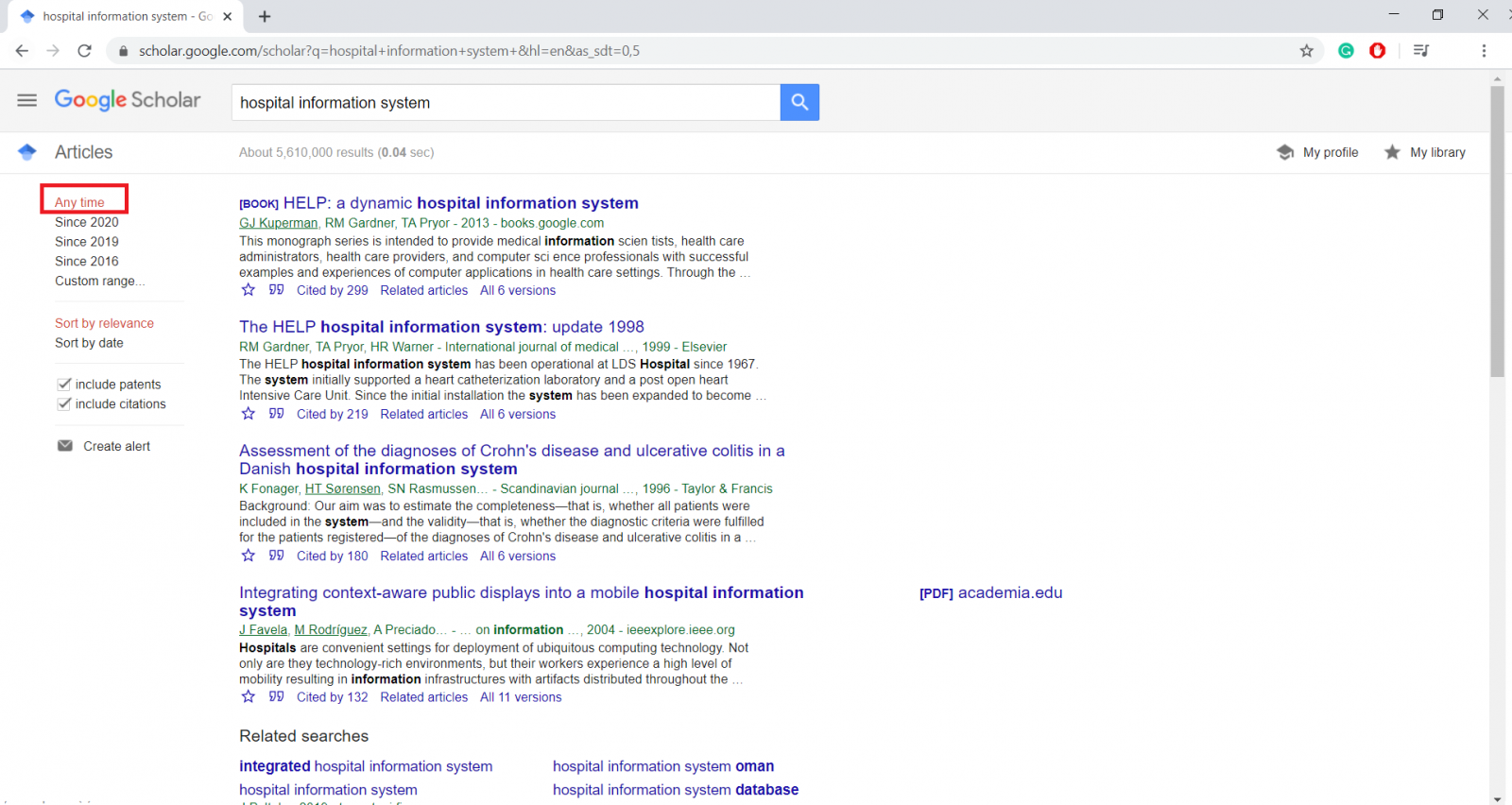 Google Scholar Search Narrowed to Anytime